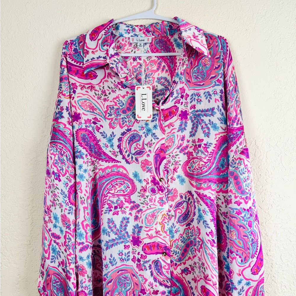 L Love Vibrant Pink Paisley Blouse Women’s Medium - Picture 3 of 5